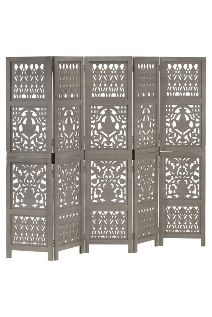 Hand Carved 5-Panel Room Divider Grey 200x165 cm Solid Mango Wood