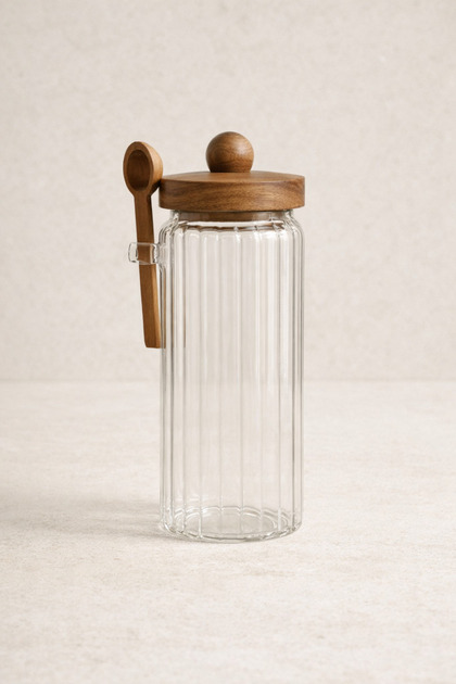 Acacia Gasketed Striped Glass 1200ml Jar with Spoon Kw-755