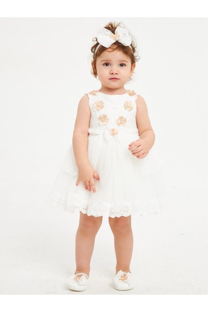 Girl's Evening Dress Ball Gown&Special Occasion 6-24 Months Floral & Pearl Detailed Gift with Headband