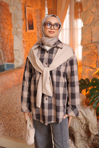 Paneled Plaid Shirt with Mink Scarf Detail
