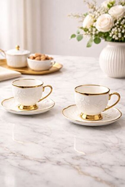YzHome 2 Kişilik Porselen Gold Detaylı Yaldızlı Kahve Fincan Takımı ...