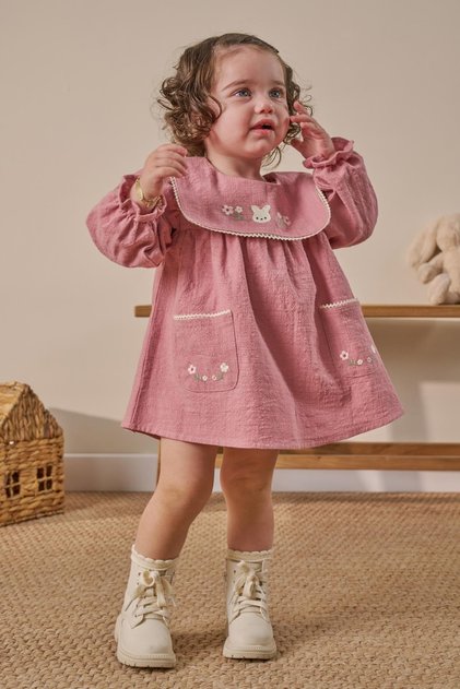 Girls' Cotton Dusty Rose Rabbit Embroidered Collared Pocketed Dress - Long Sleeve