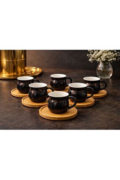 YzHome 6 Kişilik 12 Parça Siyah Porselen Bambu Tabaklı Kahve Fincan ...