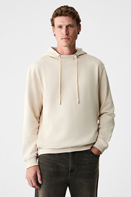 ALESSIO Erkek %100 Pamuk Kapüşonlu Kordon Detaylı Oversize Fit Bej Sweatshirt