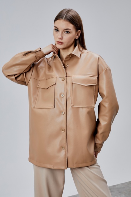 Beige Premium Oversized Lined Leather Jacket