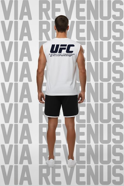 مجموعة تي شيرت أسود بدون أكمام من UFC Ultimate مطبوع وشورت رياضي من قماش الجيرسيه حواف أسطوانية