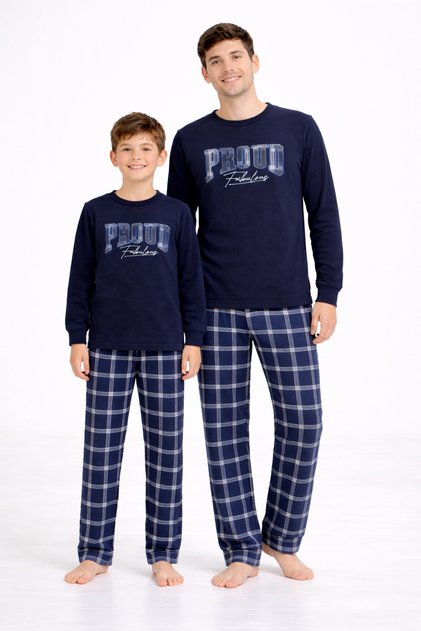 Men's Navy Blue Plaid Pattern Long Sleeve Father-Son Fleece Fabric Winter Thick Pajamas Set