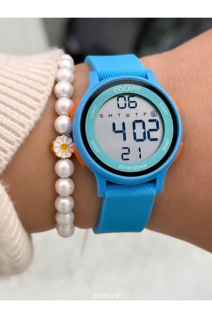 Girl's Watch-In Gift Package-Digital Sports-Blue Silicone Band-Pool Sea Suitable + Bracelet