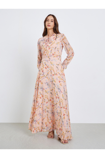 Women Floral Printed Tie-up Neck Elastic Cuff Maxi Dress