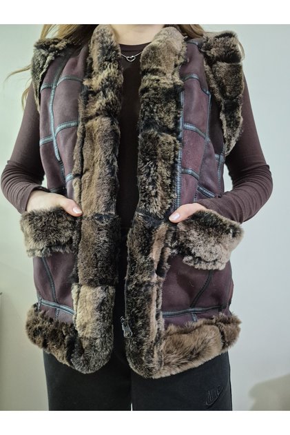 Patchwork Fur Inside-Genuine Leather Outside B Piped Detail Women's Vest