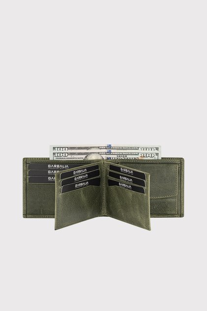 Liverpool Genuine Leather Rfid Blocking Khaki Green Men's Wallet with Coin Compartment