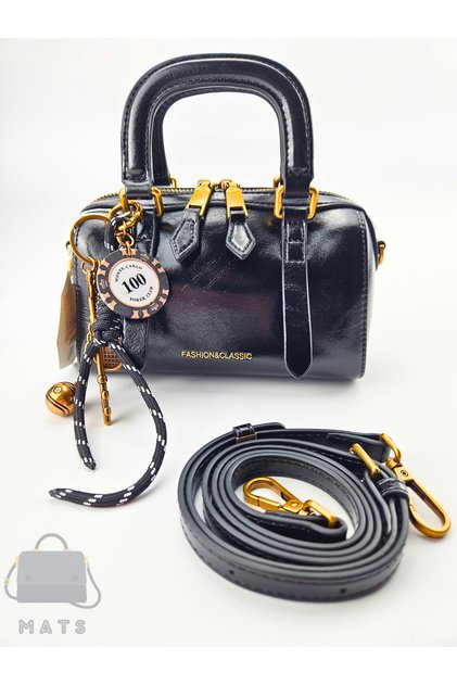 Black Patent Leather Hand and Shoulder Bag with Charm Accessory