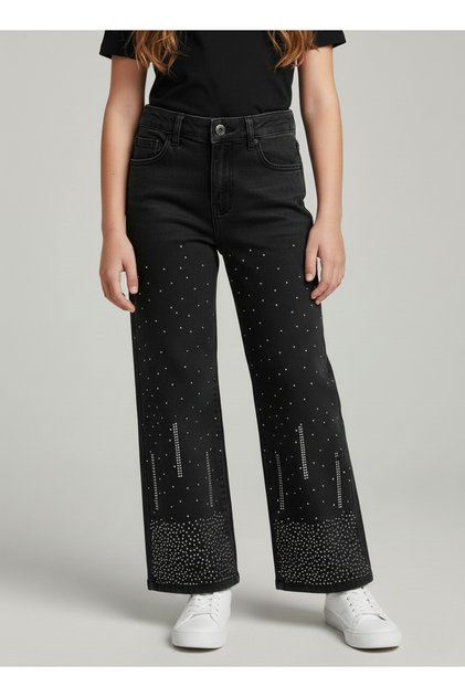 Girl's Thick Stretch Fabric Elastic Waist Stoned Denim Trousers