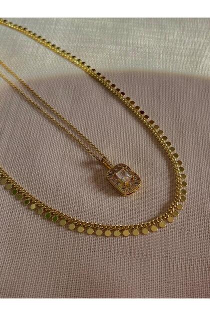 Set of 2 Gold Necklaces | Vintage Vip Necklaces | Baguette Necklace with Sequin Detail Chain & Zircon Stone