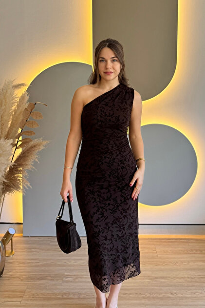 Aventien One-Shoulder Floral Embroidered Midi Brown Tulle Dress