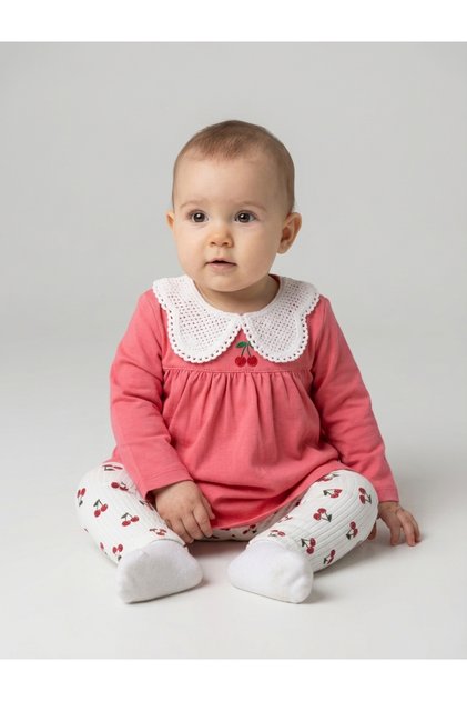 Baby Girl Lace Collar Cherry Embroidered Top and Bottom Set