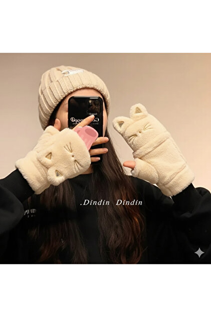 Kedili Kulaklı Hello Kittyy Desenli Pembe Kışlık Kar Eldiven Peluş Lüx Yumuşak Düğmeli Kapak Parmaksız Erkek Kız Çocuk Hediyelik