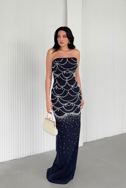 Navy Blue Pearl Embroidered Yı Slit Strapless Pencil Evening Dress