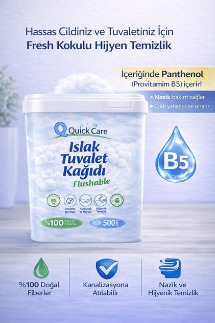 Quick Care Islak Tuvalet Kağıdı 500’lü kokusuz – Panthenol B5 hijyenik temizlik
