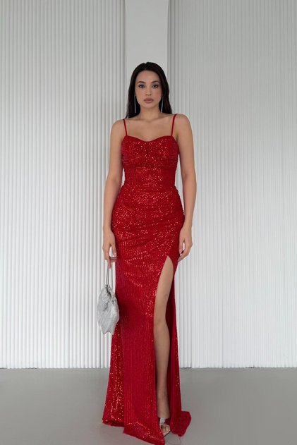 Red Thin Strap Y Slit Sequin Evening Dress