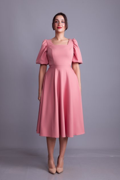 Dried Rose Balloon Sleeve Square Neck Midi Dress