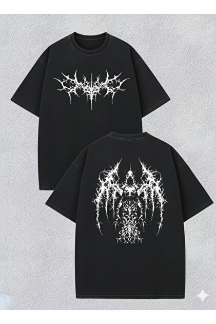 FUWEAR Unisex Siyah Oversize Gothic Cyber-Sigilism Sırt Baskılı