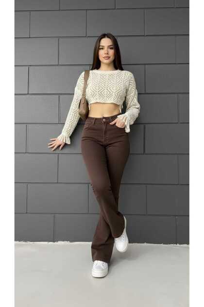 Flared F Flare Jeans Jeans Trousers High Waist Brown Lycra