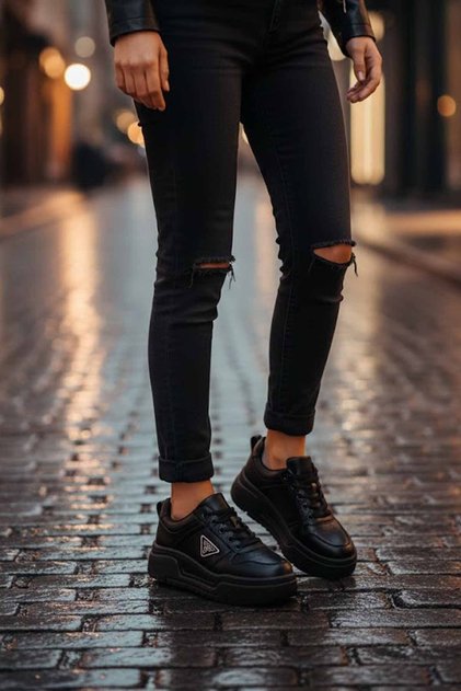 Black Women's Sneaker - Thick Soled Leather Shoes