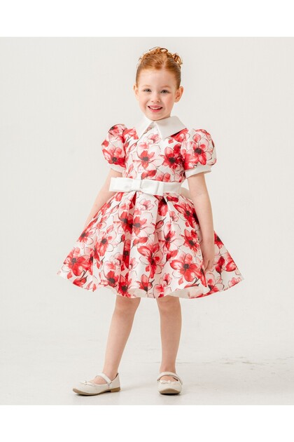 Girls' Evening Dress for Ball & Special Occasions Floral Patterned Shirt Collar with Bow Detail Ages 4-8