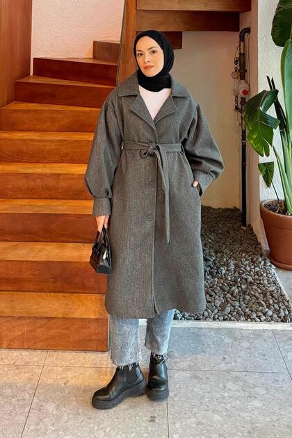 Balloon Sleeve Knitted Cashmere Coat Anthracite