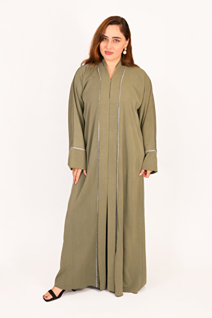 Khaki Green Abaya Women – Stone Lace Detailing