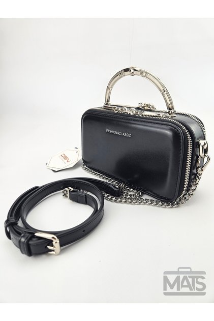 Black Metal Handle Hard Body Double Strap Hand and Shoulder Bag