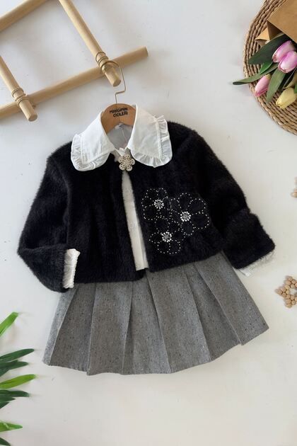 My Little Girl's Cicileri Floral Stone Embroidered Shirt Collar Pleated Skirt Set - Black