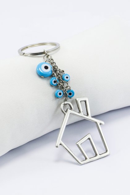 Metal House Handmade Glass Evil Eye Beaded Keychain, New Home Marriage Gift
