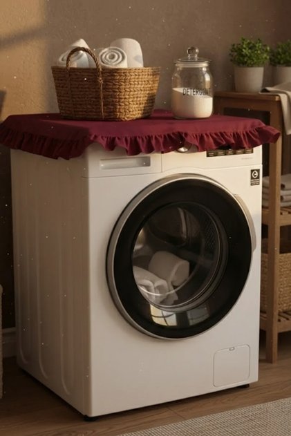 Vintage Fırfırlı Çamaşır Makinesi Örtüsü - Çeyizlik Dekoratif Banyo Makine Kılıfı