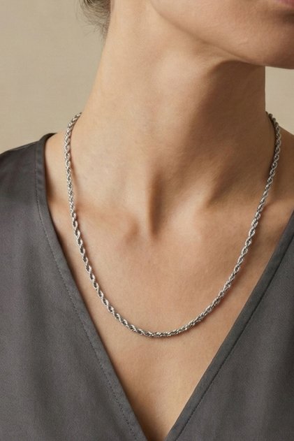 Steel Twisted Rope Necklace - Long 60 cm 3 mm Silver Color | Non-Tarnishing, Unisex, 2 Years Warranty