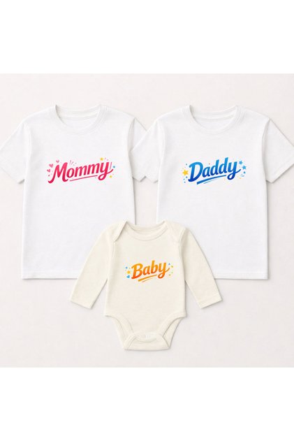 Mom Dad Baby Printed Mother Father Baby Family Gender Reveal Party T-Shirt Bodysuit Combination