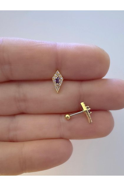 1 adet çelik MOR zirkon taşlı TRAGUS helix lobe uyumlu piercing