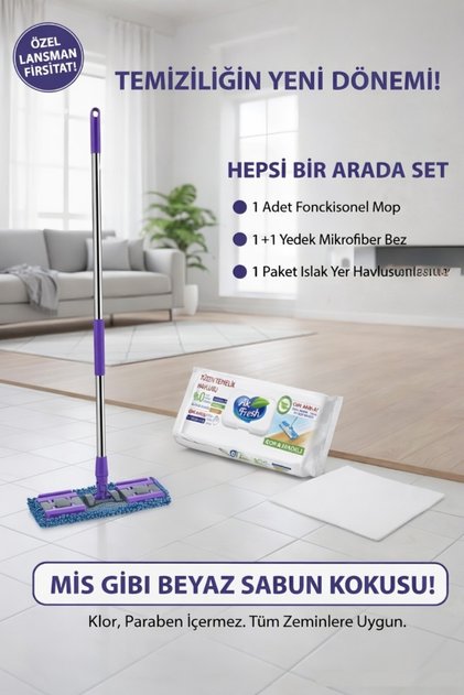 Fonksiyonel Mop Seti | 1+1 Mikrofiber Bez + 48’li Islak Yer Havlusu | Hepsi Bir Arada Temizlik Seti
