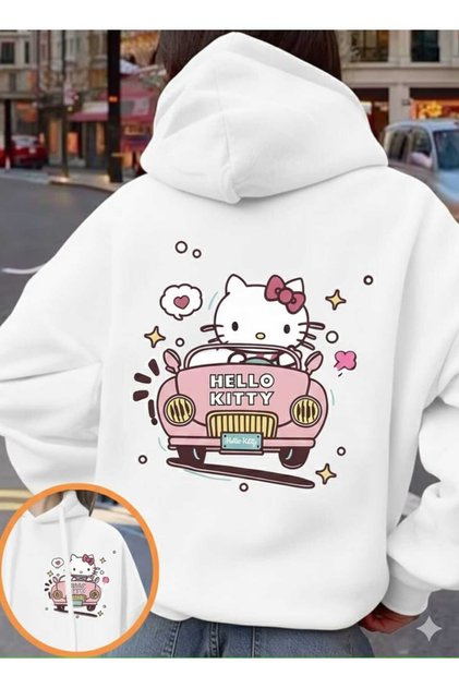 Araba Süren Hello Kitty Baskılı Oversize kapüşonlu sweatshirt
