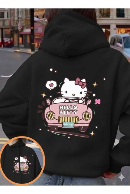 Araba Süren Hello Kitty Baskılı Oversize kapüşonlu sweatshirt