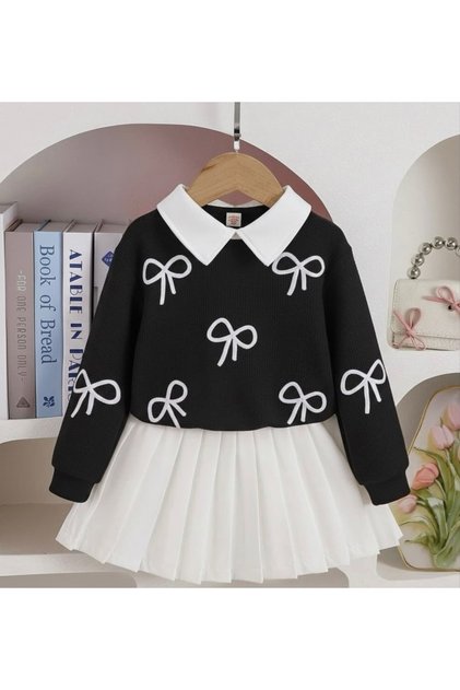 Ribbon Embroidered Transitional Blouse and Pleated Skirt Girl's Set-Black