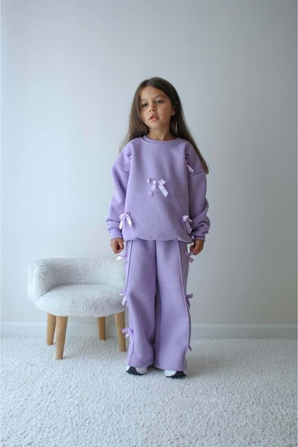 Girl's Bow Applique Detail Lilac Color Top and Bottom Set