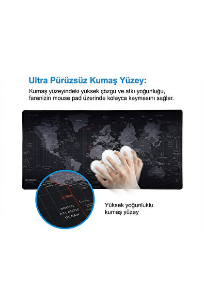 Zyga Büyük Boy XL 90x40 Mouse Pad Dünya Haritası Desenli Oyuncu
