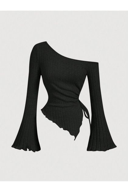 Black One Shoulder Corded Fabric Knitwear Blouse, Side Gathered Spanish Sleeve Asymmetrical Cut Women's Blouse