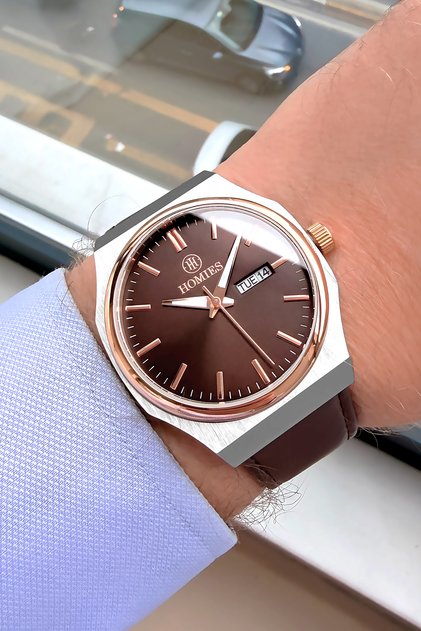 Steel Case Brown Genuine Leather Band Gift Men Wristwatch 5 Atm Water Resistant Hme2075C3