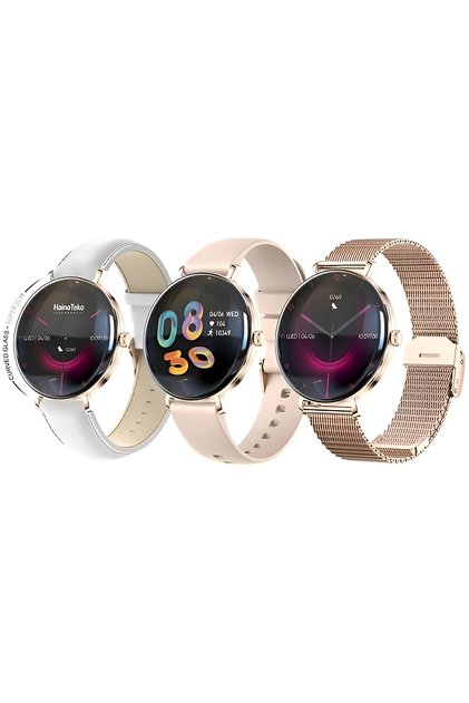 Haino Teko-18 Ladies Smart Watch: Round AMOLED, BT Calling & 3 Straps (Gold)