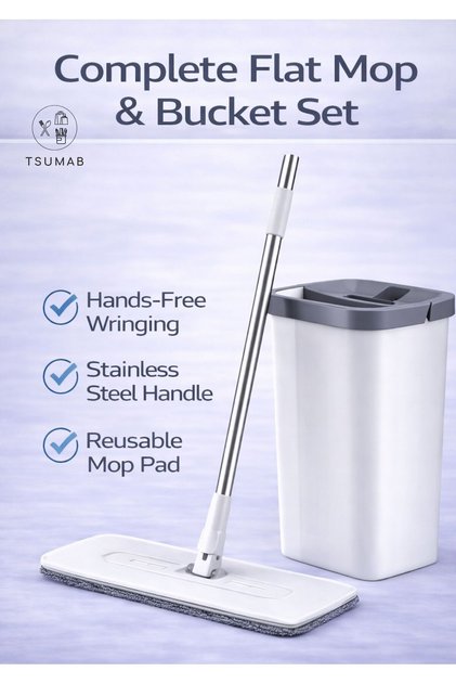 Hands-Free Flat Mop & Bucket Set with Stainless Steel Handle and Reusable Microfiber Pad