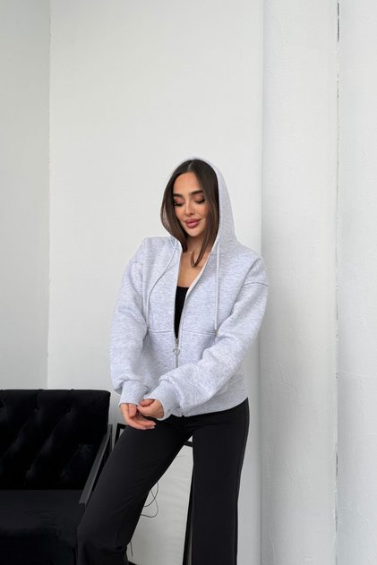 Women's Hooded Lace-Up Gray Sweatshirt with Zipper 3 Thread Ş Fleece-Lined Relaxed Fit