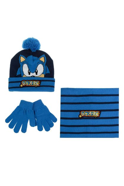Set Caciula Manusi & Fular Albastre Pompon Model Sonic pentru Copii 8 Ani - 3 piese